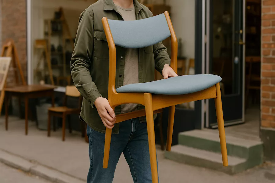 Flytta med second hand-möbler – person bär begagnad stol från loppis